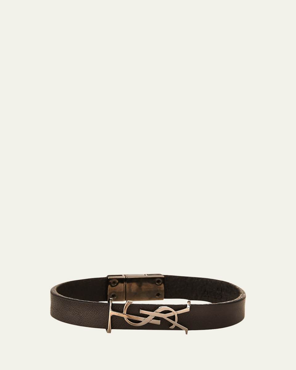 Leather YSL Monogram Bracelet, Black, Size Small
